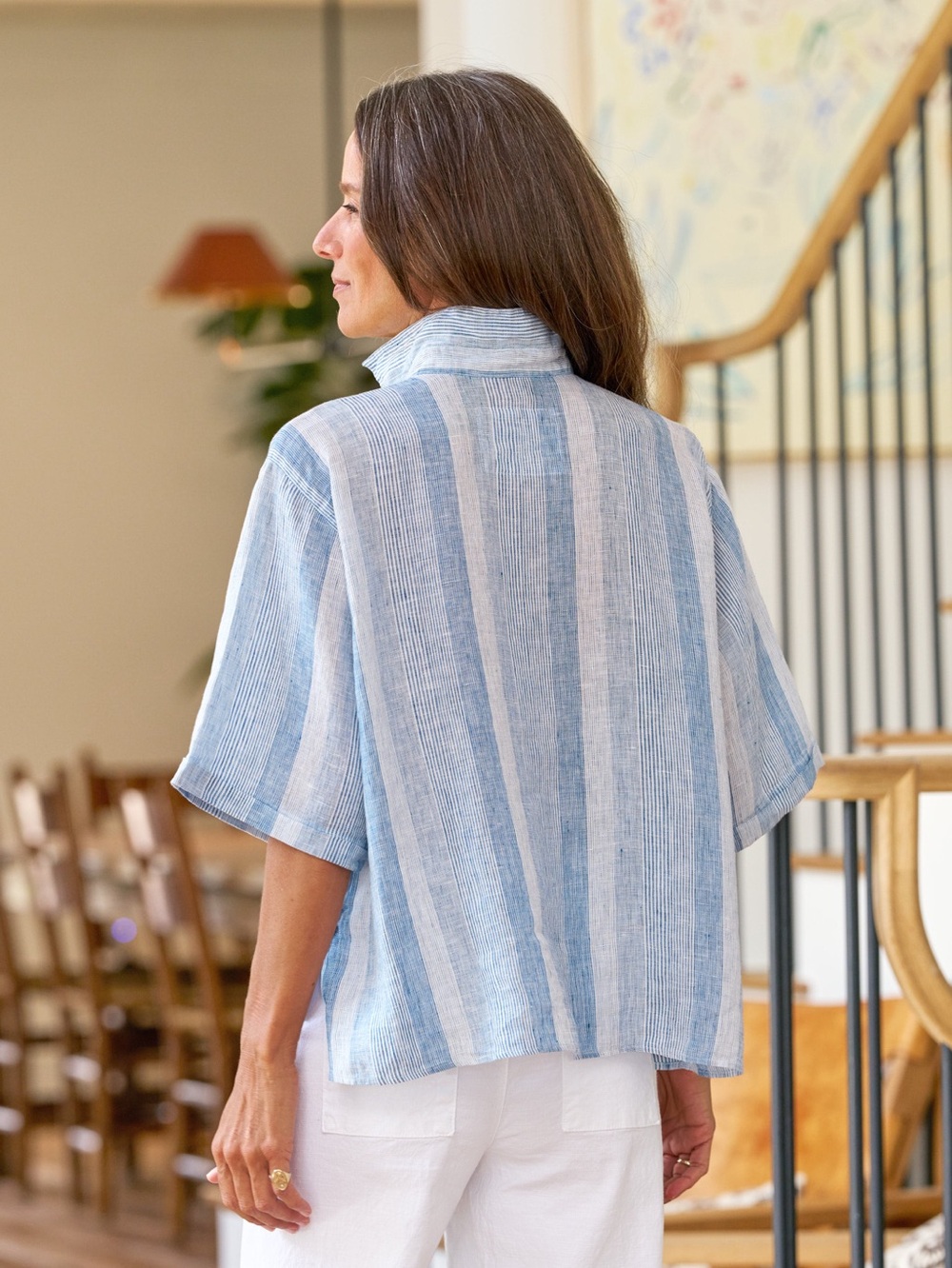 Frank & Eileen Rosie Short Sleeve Button Up Shirt Linen Blue White Stripe Medium - Picture 2 of 9
